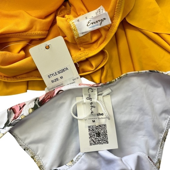 YELLOW Off The Shoulder Ruffle Bikini Floral Bottoms Medium NWT Cupshe Envya - Picture 13 of 13